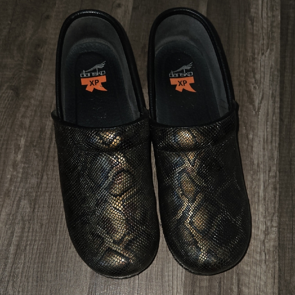 Dansko Black and Gold Patterned Clogs